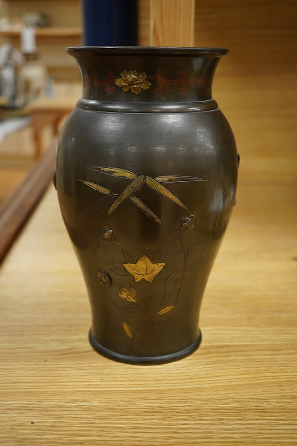 A Japanese bronze and mixed metal vase, Meiji period, 25cm. Condition - fair to good